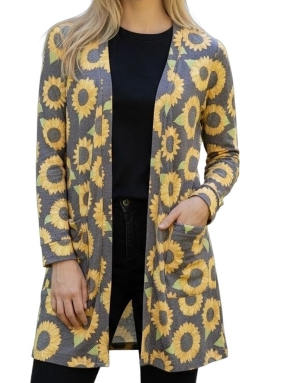Simply Southern Cardigan Sunflower Print Open Front Cardigan  - Yellow/Gray